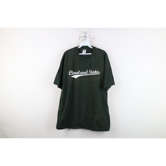 Vintage 90s Mens XL Thrashed Spell Out Cleveland State University T-Shirt Green - Picture 1 of 16